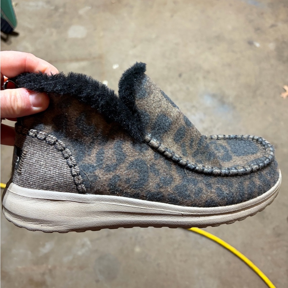 Hey Dude Women's Leopard Print Slip-On Slipper in Gray and Brown
